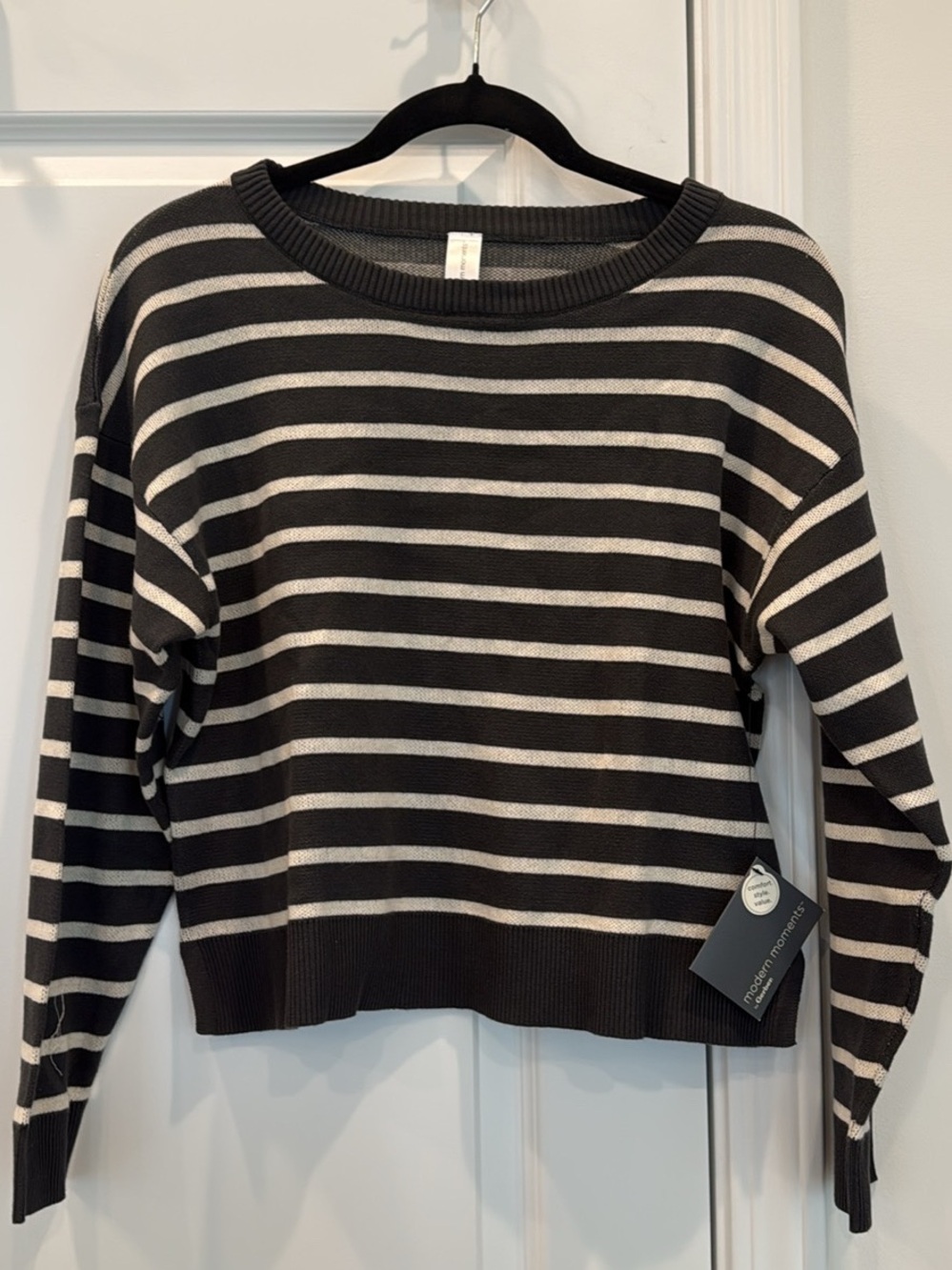 Striped Crewneck Sweater in Black and Cream — Women